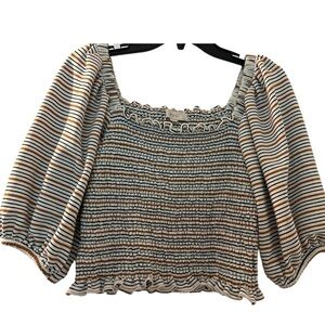 LOFT crop top, ruched elastic front and back. Full 3/4 sleeves, ruffle trim.